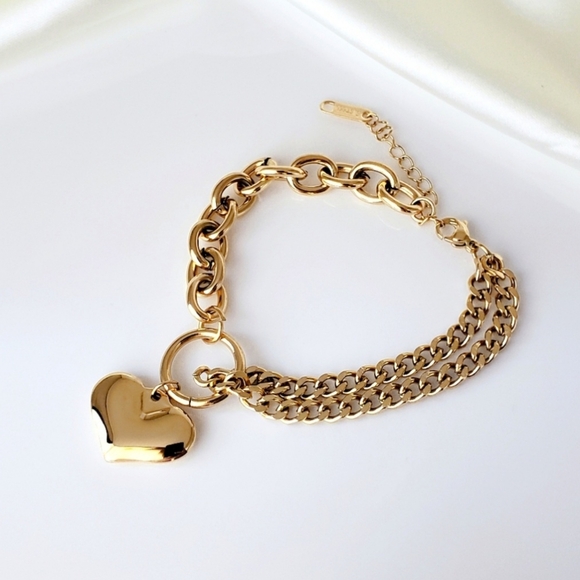 NEW 18k Gold Plated Asymmetric Layered Curb & Link Chain Heart Charm Bracelet - Picture 7 of 8